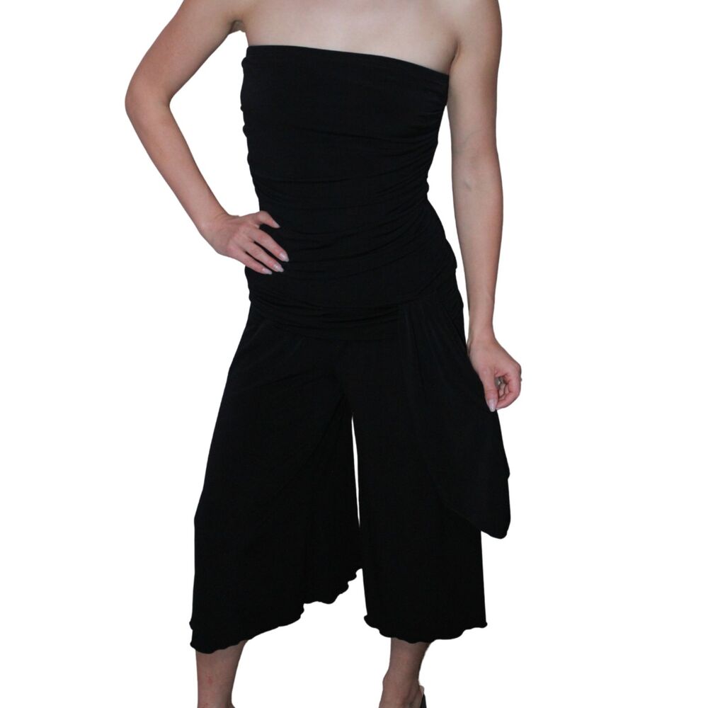 Y2K Hot Kiss Black Strapless Ruched Wide Leg Jumpsuit S